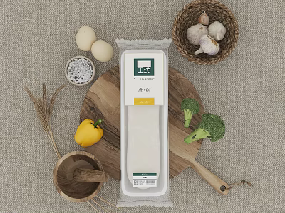 Fresh Dumpling Wrappers With Eggs Garlic Broccoli And Yellow Bell Pepper On Cutting Board 3d model