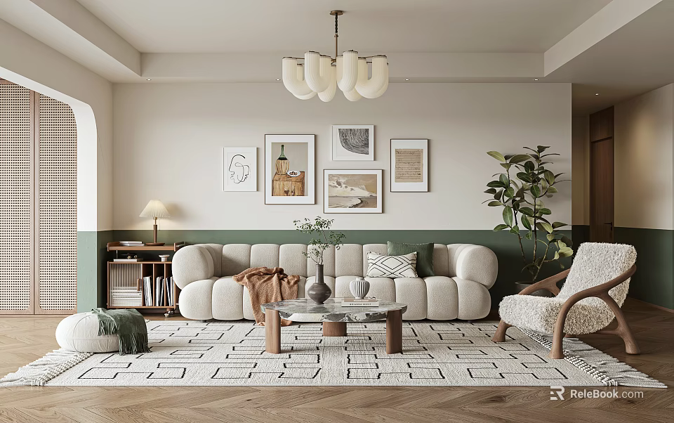 Warm Modern Living Room Interior With White Sofa Artworks And Geometric Rug 3d model 