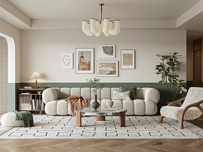 Warm Modern Living Room Interior With White Sofa Artworks And Geometric Rug 3d model