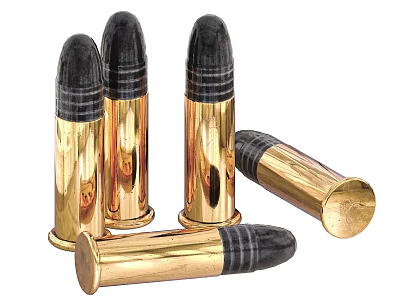 Brass Cased Bullets With Black Tips Standing And Lying On White Background 3d model