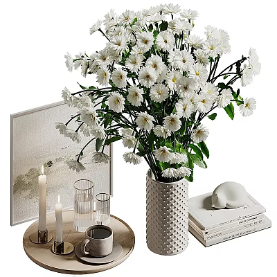Stylish Ornamental Decorative Set With White Bouquet Textured Vase Frame Candles Glassware Books And Sculpture 3d model