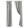 White Sheer Curtains With Blue Triangular Trim Hanging At Window With Tieback 3d model