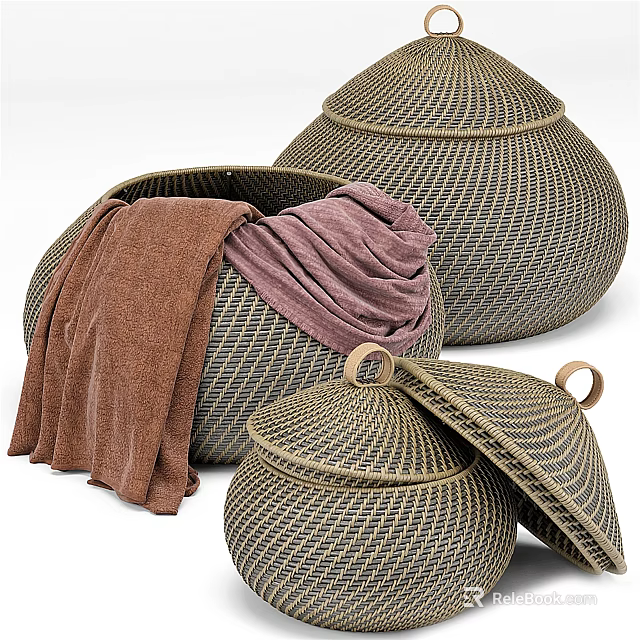 Woven Storage Baskets with Lids and Towels Inside for Home Organization and Decor 3d model 