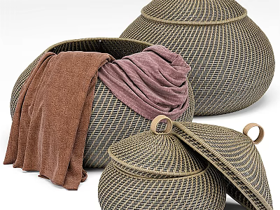 Woven Storage Baskets with Lids and Towels Inside for Home Organization and Decor 3d model