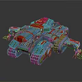 Futuristic Armored Military Vehicle With Blue And Red Tracks And Mechanical Arms