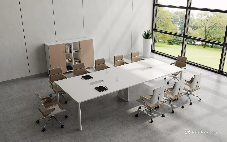 Modern Meeting Room With White Conference Table Surrounding Chairs Large Window And Shelving Cabinet 3d model 