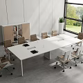 Modern Meeting Room With White Conference Table Surrounding Chairs Large Window And Shelving Cabinet