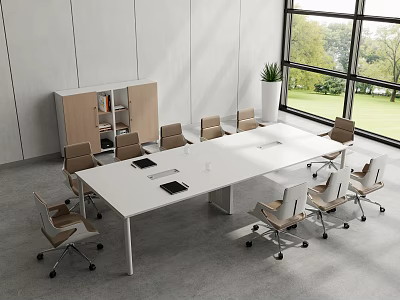 Modern Meeting Room With White Conference Table Surrounding Chairs Large Window And Shelving Cabinet 3d model