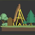 3D Miniature Amusement Park Landscape With Roller Coaster Red Car Green Trees And Small Buildings