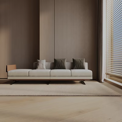 Modern Light Toned Three Seater Sofa With Cushions Wooden Wall Window Blinds And Soft Rug 3d model