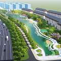 Urban Waterfront Landscape Design With Pedestrian Walkway Lush Greenery And Water Feature