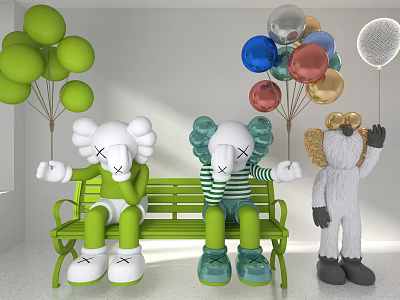 Decorative Ornament Set With Colorful Balloons Green Bench And Face Covering Dolls 3d model