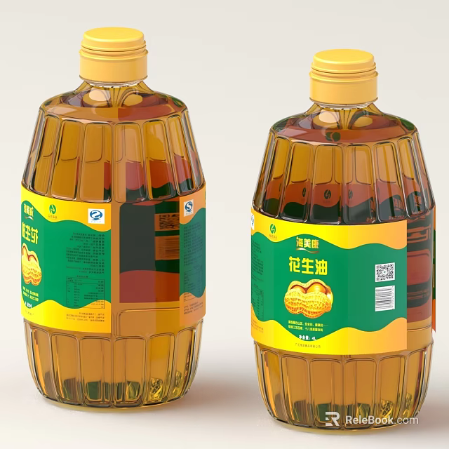 Peanut Oil In Clear Plastic Bottles With Green And Yellow Labels 3d model 