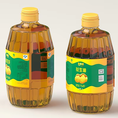 Peanut Oil In Clear Plastic Bottles With Green And Yellow Labels 3d model