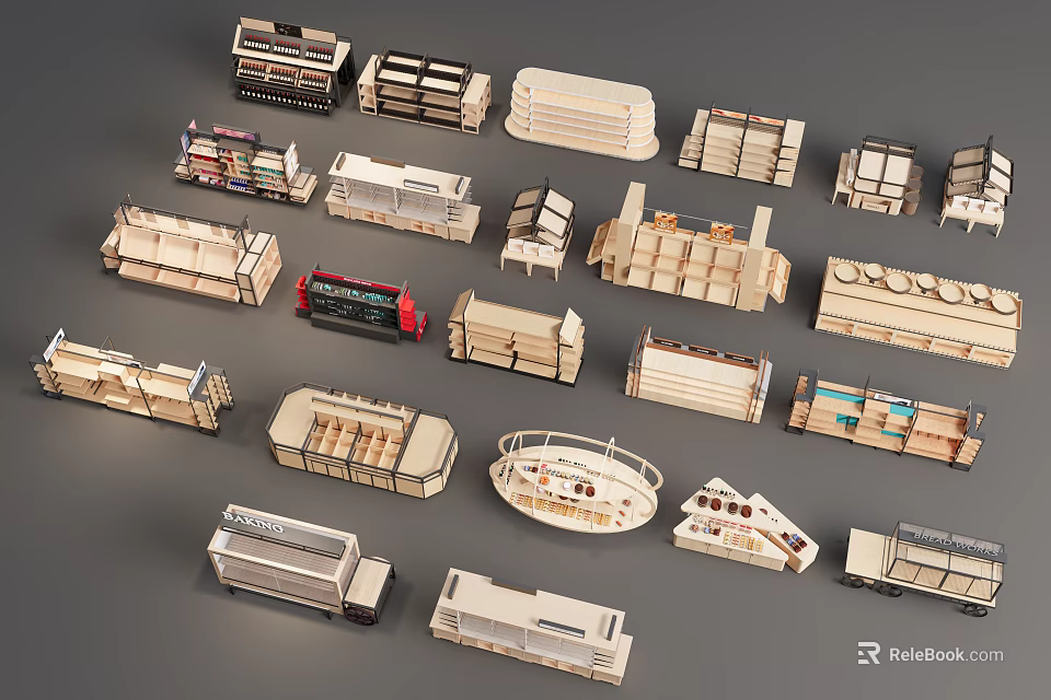 Various Modern Display Shelves with Diverse Wooden Designs for Retail Shops 3d model 