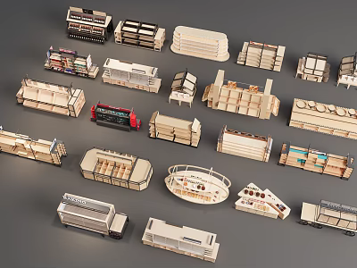 Various Modern Display Shelves with Diverse Wooden Designs for Retail Shops 3d model