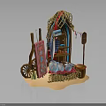 Beach Style Mobile Stall With Straw Canopy Surfboard Clay Pots And Wooden Barrel