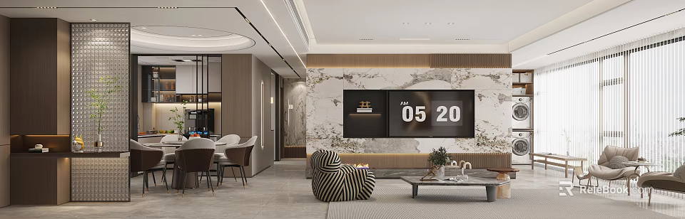Modern Living and Dining Room Interior With Marble Wall Sofa And Coffee Table 3d model 