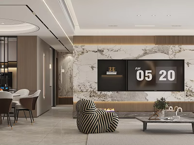 Modern Living and Dining Room Interior With Marble Wall Sofa And Coffee Table 3d model