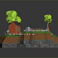 Cartoon Scenic Landscape with Green Trees Small Cottage Grass Fence and Stones