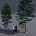 Two Tall Green Arbor Trees With Two People Standing Beside Neutral Gray Background