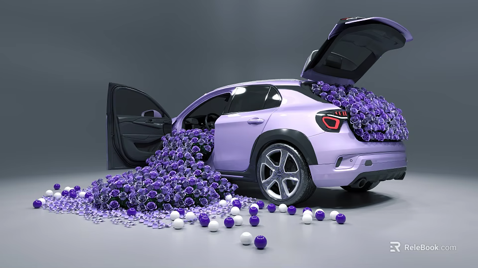 Floral Installation Featuring Purple Car Open Trunk Doors Spilling Purple Flowers and Flower Balls 3d model 