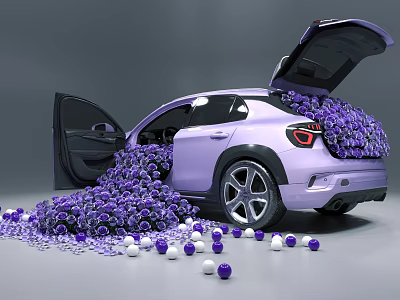 Floral Installation Featuring Purple Car Open Trunk Doors Spilling Purple Flowers and Flower Balls 3d model