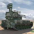 Military Camouflage Tank With Radar Missile Launchers And Dual Cannons In Desert Terrain