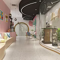 Shopping Mall Store Interior With Orange Walls Green Archways Decorative Lights And Wooden Display Stands