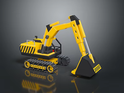 Yellow Construction Excavator With Black Bucket And Tracks In Toy Model Style With Reflection 3d model