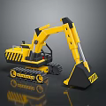 Yellow Construction Excavator With Black Bucket And Tracks In Toy Model Style With Reflection