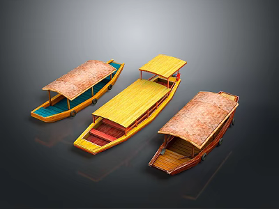 Three Traditional Wooden Boats with Colorful Hulls and Thatched Roofs Displayed on Dark Surface 3d model