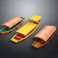 Three Traditional Wooden Boats with Colorful Hulls and Thatched Roofs Displayed on Dark Surface