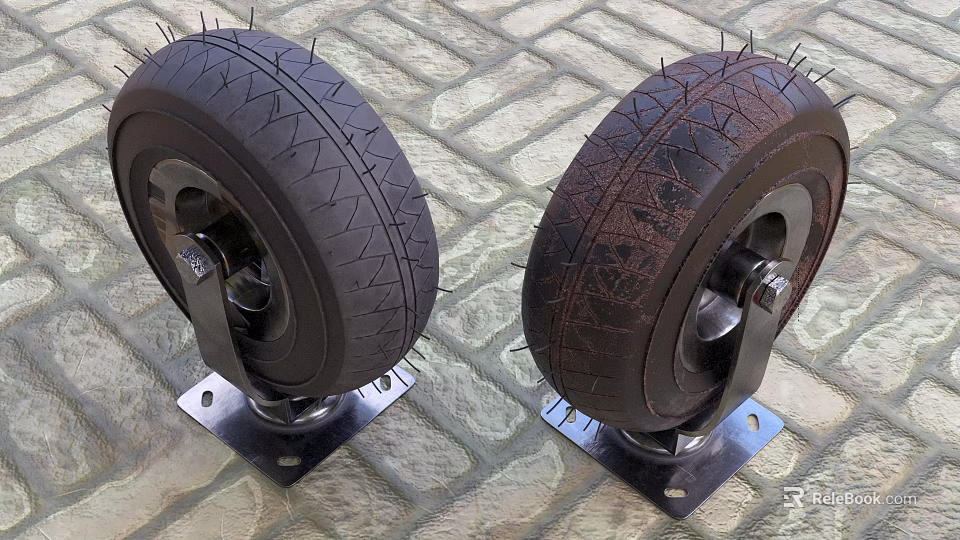 Heavy Duty Industrial Tires Mounted on Metal Brackets with Wheels on Brick Pavement 3d model 