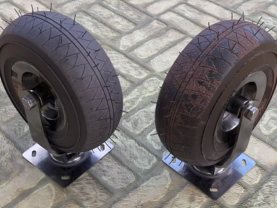 Heavy Duty Industrial Tires Mounted on Metal Brackets with Wheels on Brick Pavement 3d model