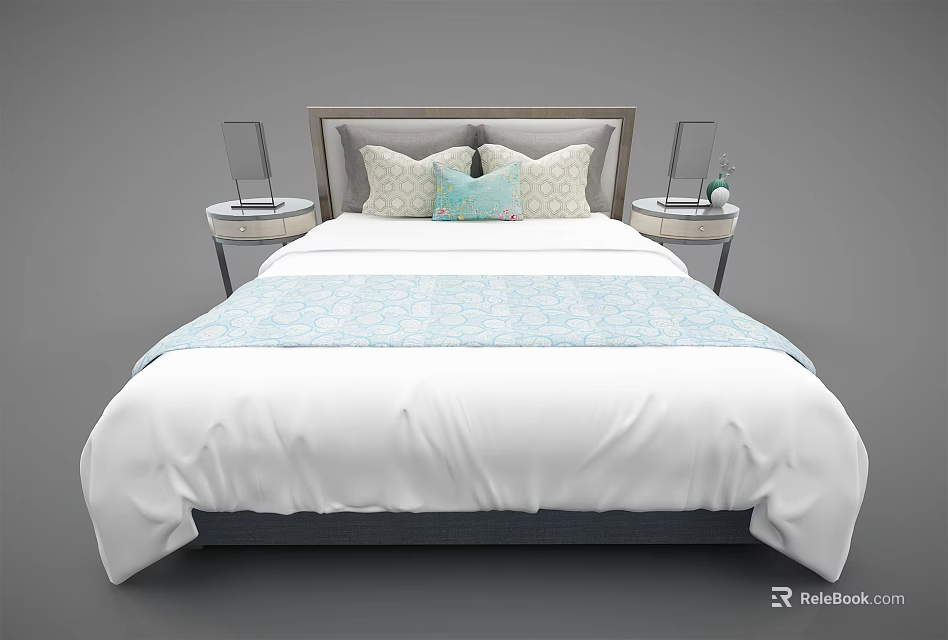 Double Bed With White Sheets Light Blue Blanket Pillows Bedside Tables With Lamps And Plant 3d model 