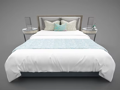 Double Bed With White Sheets Light Blue Blanket Pillows Bedside Tables With Lamps And Plant 3d model