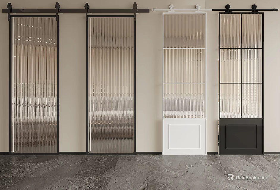 Modern Interior Sliding Doors With Glass Panels Vertical Stripes And Color Options 3d model 
