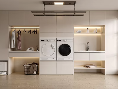 Modern Home Balcony Laundry Area With Washing Machines Hanging Space And Light Colored Cabinets 3d model