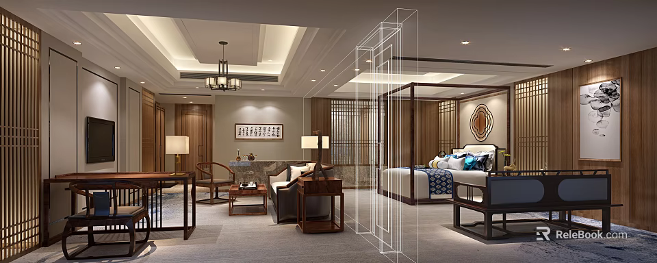 Traditional Chinese Hotel Guest Room With Wooden Furniture Pendant Light And Calligraphy Decor 3d model 