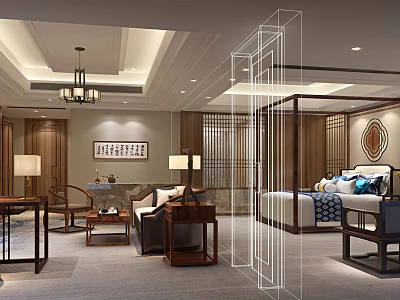 Traditional Chinese Hotel Guest Room With Wooden Furniture Pendant Light And Calligraphy Decor 3d model