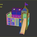Blue Castle Shaped Two Level Play Equipment With Wooden Slide Flag Windows And Door
