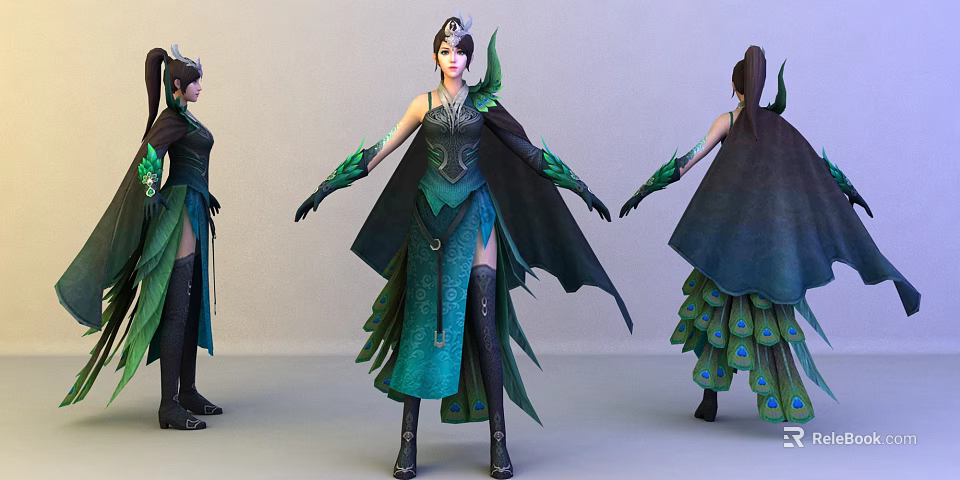 Game Movie Female Character With Peacock Feather Green Blue Costume Three Angle Views 3d model 