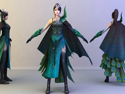 Game Movie Female Character With Peacock Feather Green Blue Costume Three Angle Views 3d model