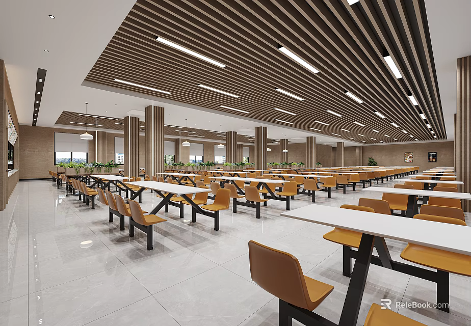 Modern Spacious Dining Hall Interior With Wooden Ceiling Tables And Chairs 3d model 