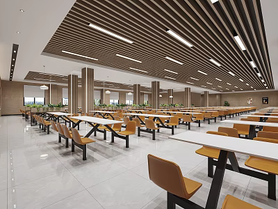 Modern Spacious Dining Hall Interior With Wooden Ceiling Tables And Chairs 3d model