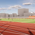 Soccer Field With Red Athletic Track Green Grass And White Line Markings