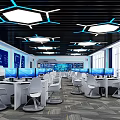 Modern School Tech Classroom With Computers White Chairs Blue Displays And Hexagonal Lights