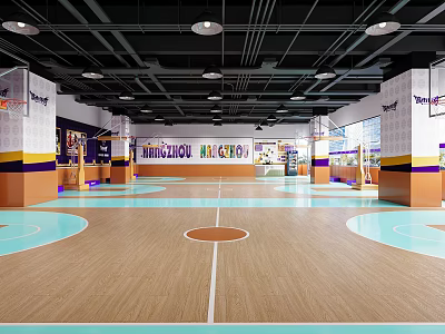 Spacious Indoor Basketball Gym Featuring Wooden Floor Purple Yellow Decor And Bright Ceiling Lights 3d model