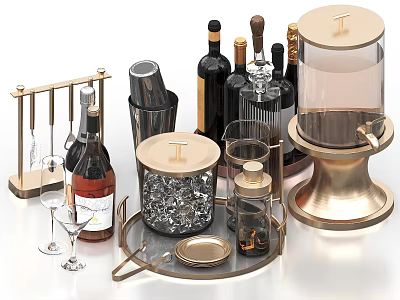 Luxury Wine Bottles And Cocktail Glasses With Ice Bucket And Bar Tools On Metal Tray 3d model